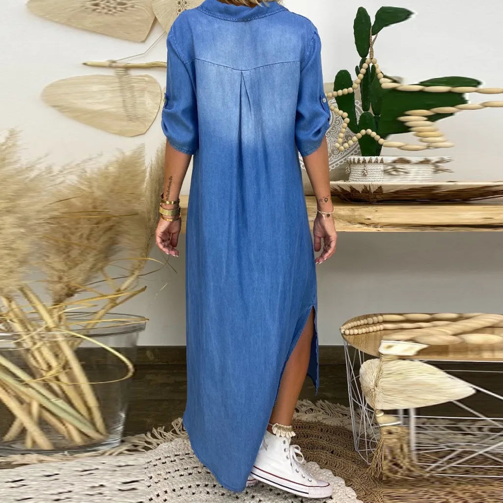 Lea | Vestido largo estilo vaquero con abertura lateral