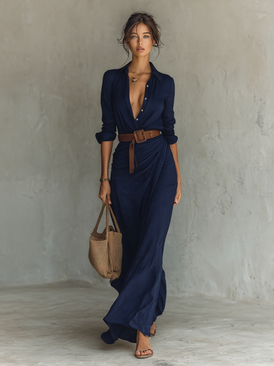 Senna | Vestido maxi largo con cuello con solapas
