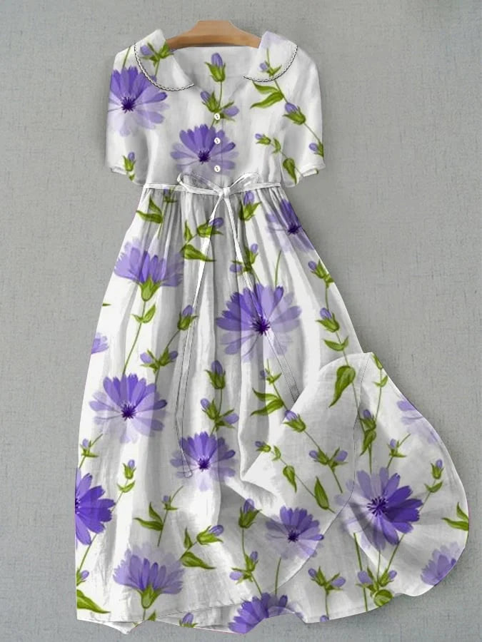Sage - Vestido Floral Vintage con Cinturón en la Cintura y Mangas a Media Longitud