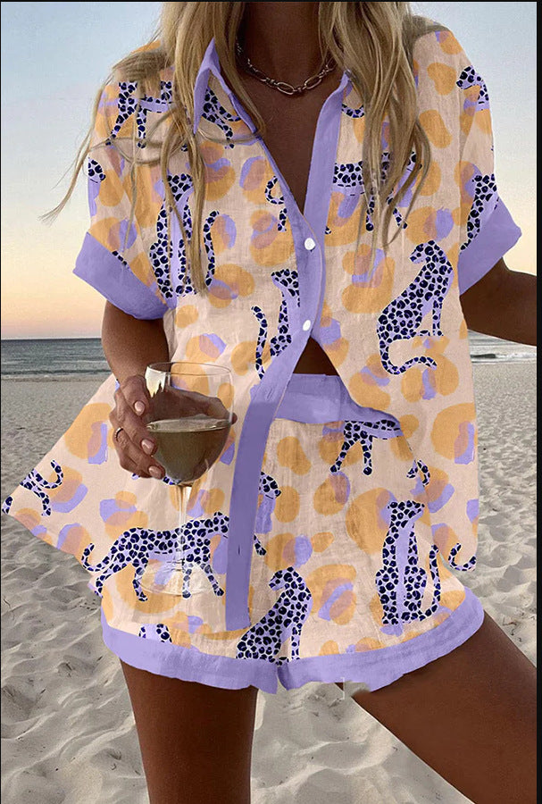 Reolia | Conjunto corto de lino con estampado de leopardo