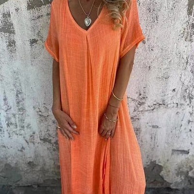 Naia I Vestido de Algodón y Lino con Escote en V