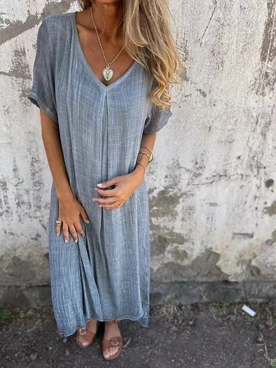 Naia I Vestido de Algodón y Lino con Escote en V