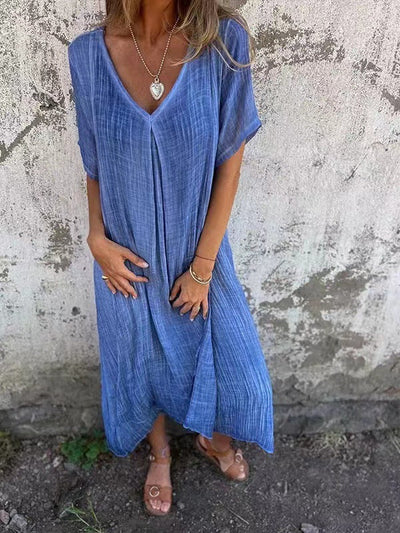 Naia I Vestido de Algodón y Lino con Escote en V