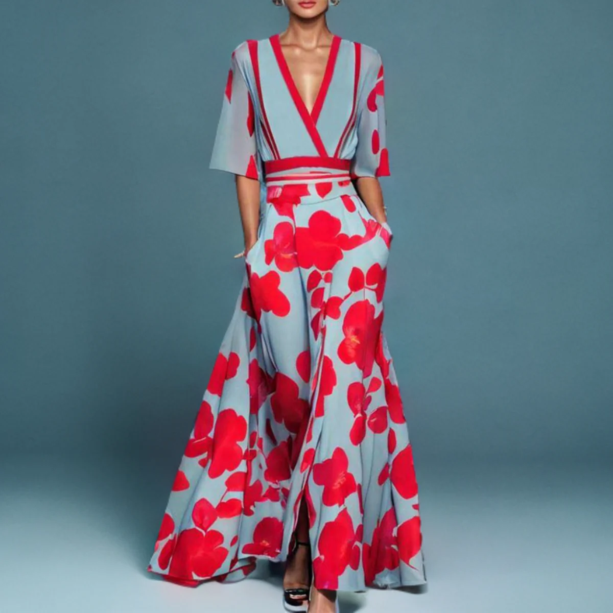 Xenovia – Vestido maxi floral con escote en V