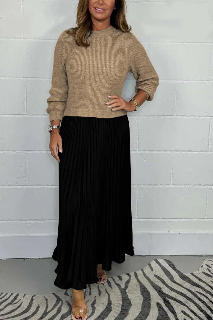 Claudia – Elegante vestido maxi con cuerpo de punto y falda plisada