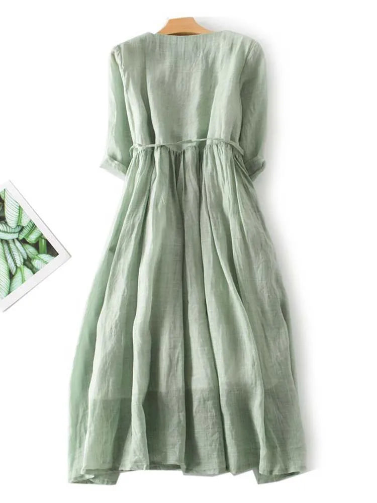 Arya - Vestido Retro para Mujer con Cuello Redondo y Cinturón en la Cintura