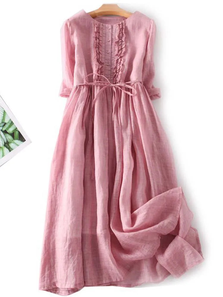 Arya - Vestido Retro para Mujer con Cuello Redondo y Cinturón en la Cintura