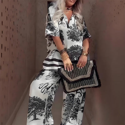 Top Estampado con Cuello en V + Pantalones Largos – Estilo Elegante y Ligero para el Verano